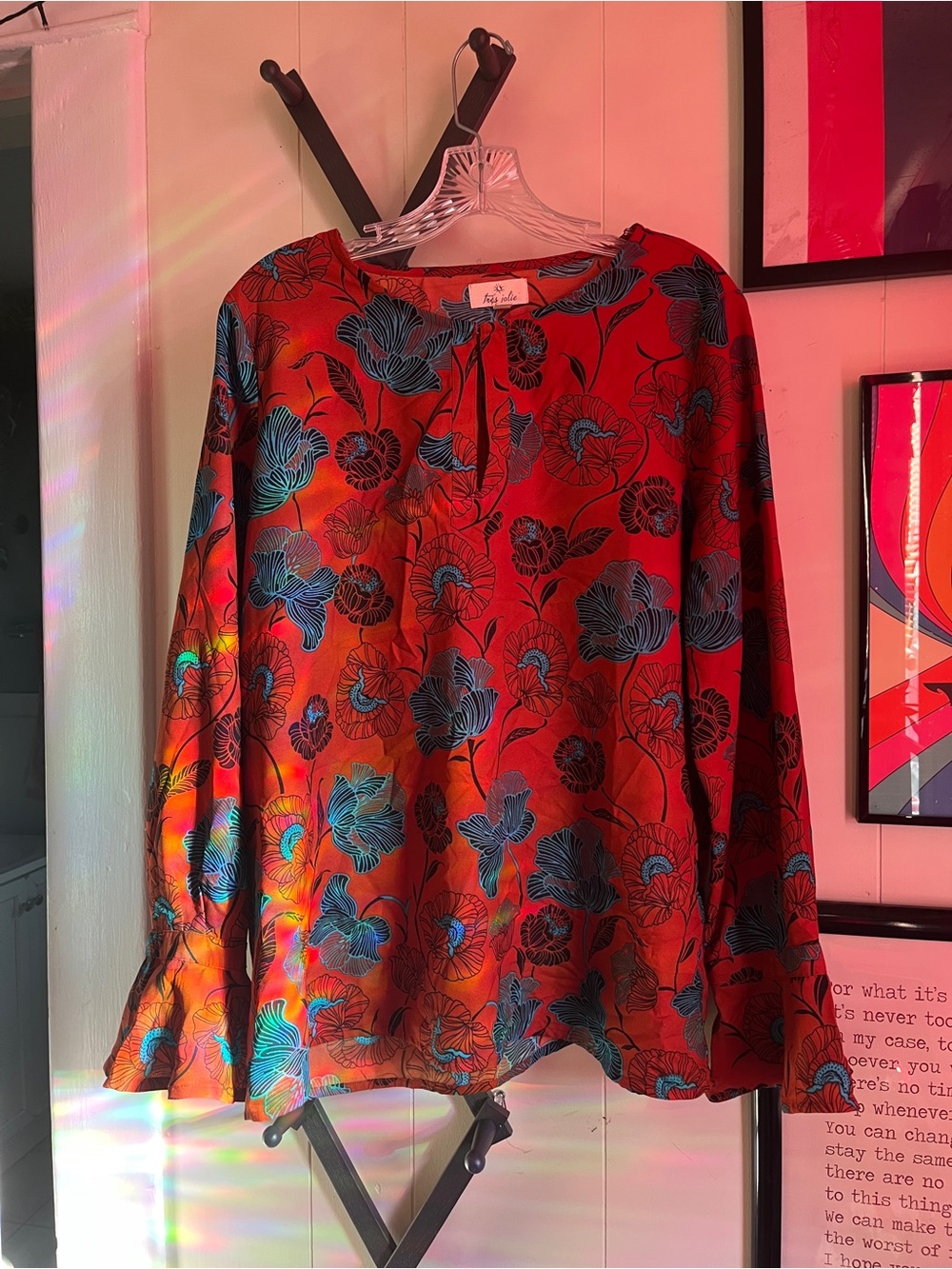 Vintage 1970s Long-Sleeve Blouse - Red with Blue Floral Print
